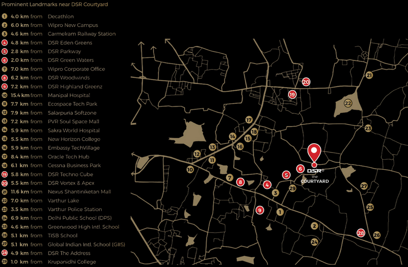 DSR The Courtyard Location Map in Gunjur Bengaluru showing connectivity to commercial hubs schools tech parks and major roads